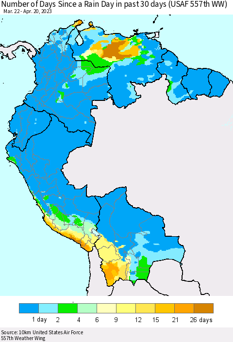Northern South America Number of Days Since a Rain Day in past 30 days (USAF 557th WW) Thematic Map For 4/16/2023 - 4/20/2023