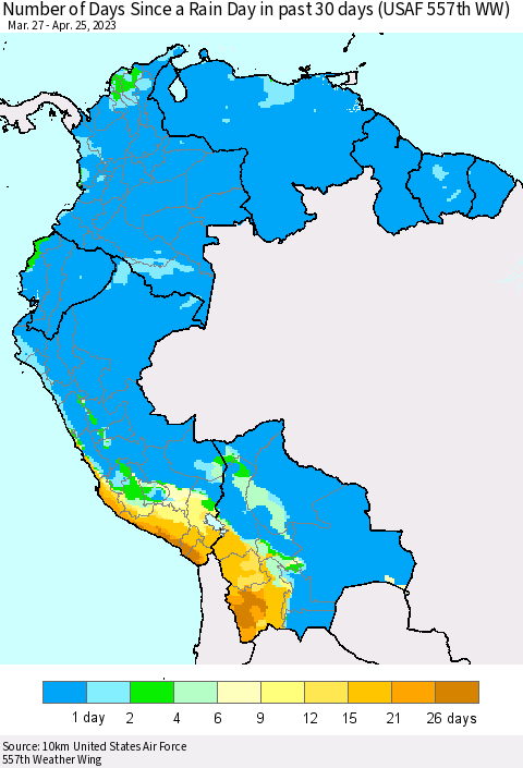 Northern South America Number of Days Since a Rain Day in past 30 days (USAF 557th WW) Thematic Map For 4/21/2023 - 4/25/2023