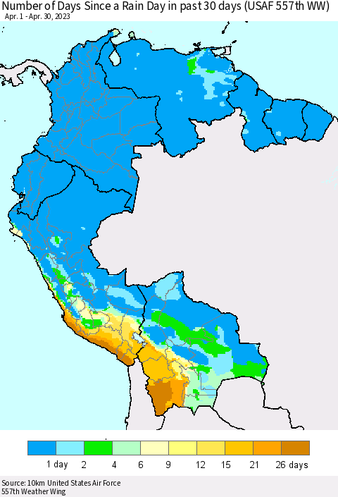 Northern South America Number of Days Since a Rain Day in past 30 days (USAF 557th WW) Thematic Map For 4/26/2023 - 4/30/2023