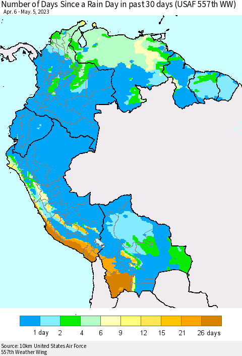 Northern South America Number of Days Since a Rain Day in past 30 days (USAF 557th WW) Thematic Map For 5/1/2023 - 5/5/2023