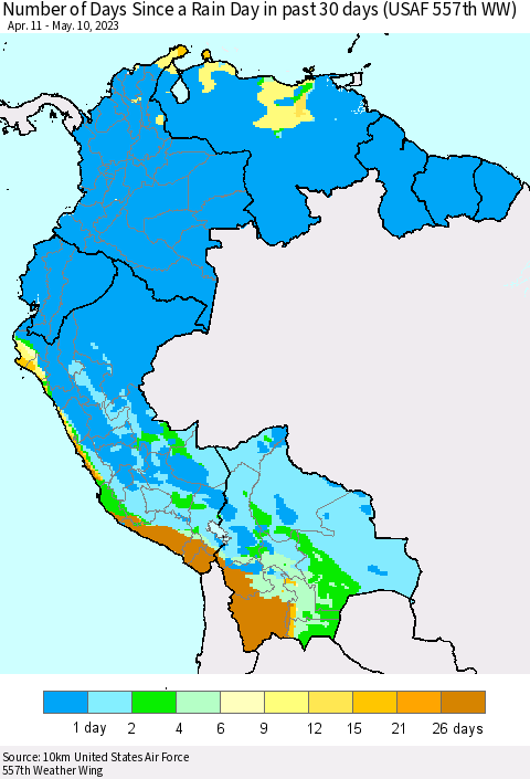 Northern South America Number of Days Since a Rain Day in past 30 days (USAF 557th WW) Thematic Map For 5/6/2023 - 5/10/2023