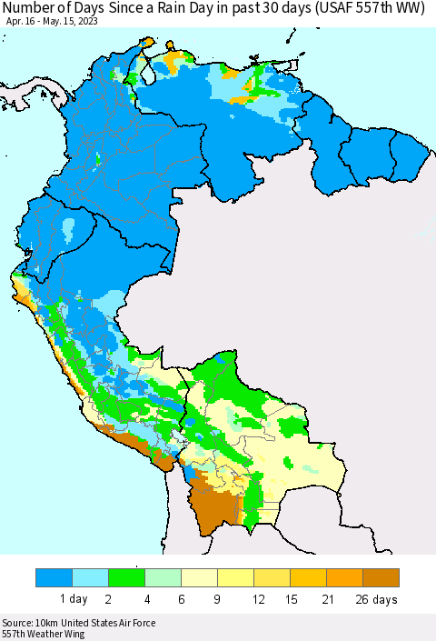 Northern South America Number of Days Since a Rain Day in past 30 days (USAF 557th WW) Thematic Map For 5/11/2023 - 5/15/2023