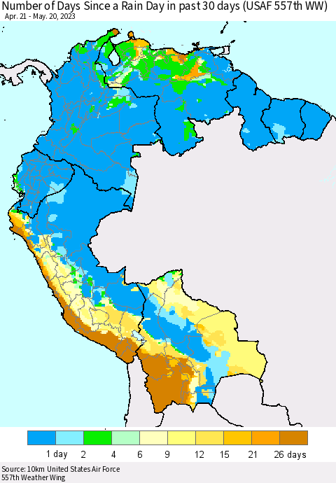 Northern South America Number of Days Since a Rain Day in past 30 days (USAF 557th WW) Thematic Map For 5/16/2023 - 5/20/2023