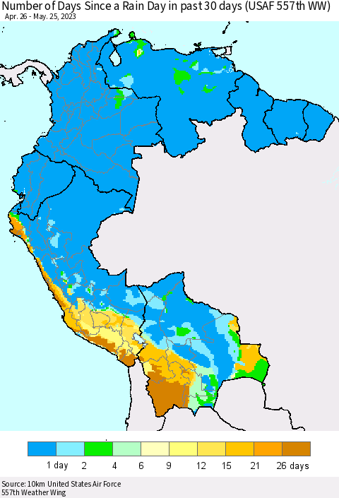 Northern South America Number of Days Since a Rain Day in past 30 days (USAF 557th WW) Thematic Map For 5/21/2023 - 5/25/2023