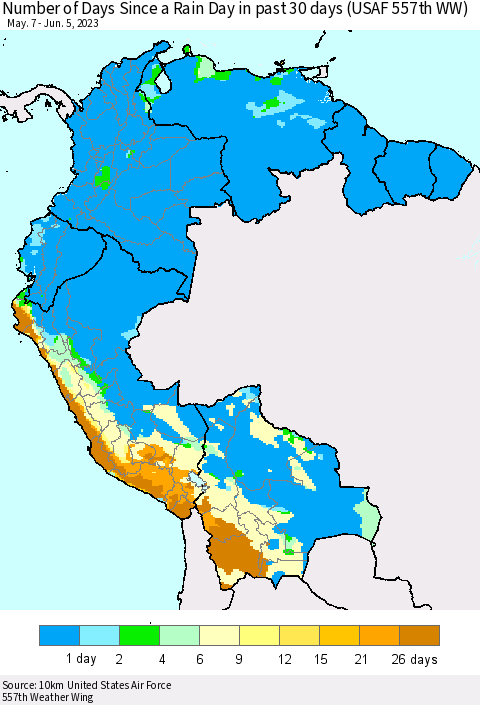 Northern South America Number of Days Since a Rain Day in past 30 days (USAF 557th WW) Thematic Map For 6/1/2023 - 6/5/2023
