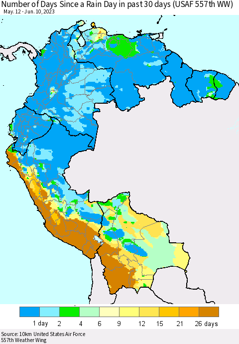 Northern South America Number of Days Since a Rain Day in past 30 days (USAF 557th WW) Thematic Map For 6/6/2023 - 6/10/2023