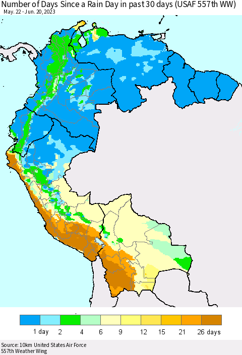 Northern South America Number of Days Since a Rain Day in past 30 days (USAF 557th WW) Thematic Map For 6/16/2023 - 6/20/2023