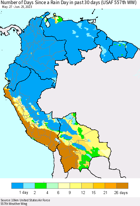 Northern South America Number of Days Since a Rain Day in past 30 days (USAF 557th WW) Thematic Map For 6/21/2023 - 6/25/2023