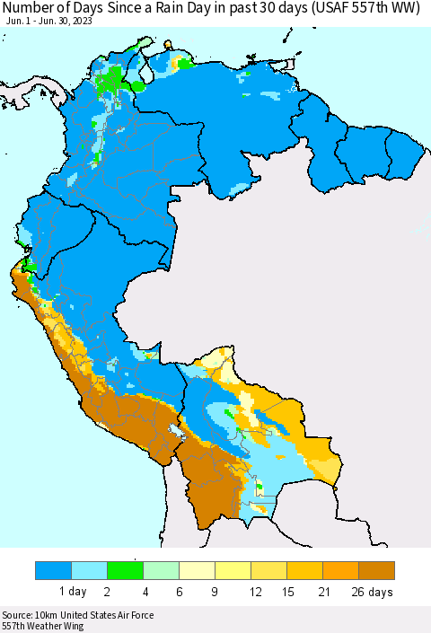Northern South America Number of Days Since a Rain Day in past 30 days (USAF 557th WW) Thematic Map For 6/26/2023 - 6/30/2023