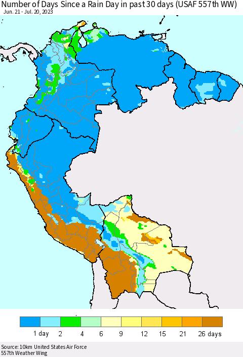 Northern South America Number of Days Since a Rain Day in past 30 days (USAF 557th WW) Thematic Map For 7/16/2023 - 7/20/2023