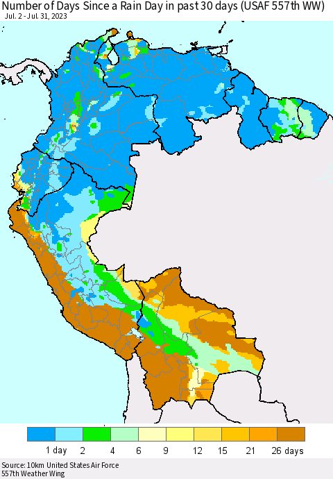 Northern South America Number of Days Since a Rain Day in past 30 days (USAF 557th WW) Thematic Map For 7/26/2023 - 7/31/2023