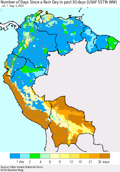 Northern South America Number of Days Since a Rain Day in past 30 days (USAF 557th WW) Thematic Map For 8/1/2023 - 8/5/2023
