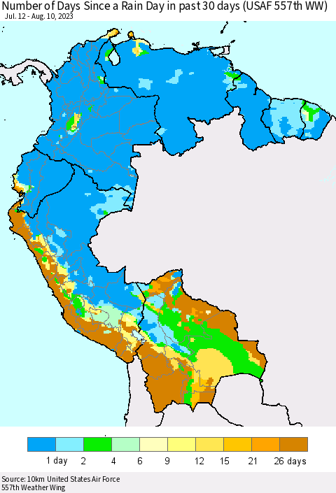 Northern South America Number of Days Since a Rain Day in past 30 days (USAF 557th WW) Thematic Map For 8/6/2023 - 8/10/2023