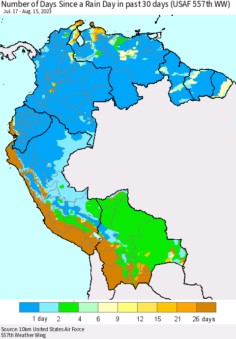 Northern South America Number of Days Since a Rain Day in past 30 days (USAF 557th WW) Thematic Map For 8/11/2023 - 8/15/2023