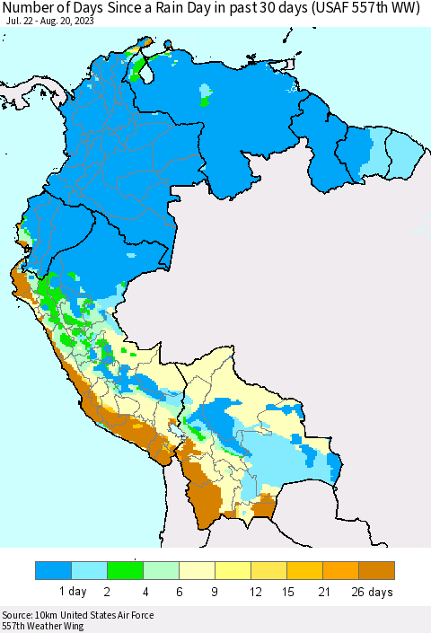 Northern South America Number of Days Since a Rain Day in past 30 days (USAF 557th WW) Thematic Map For 8/16/2023 - 8/20/2023