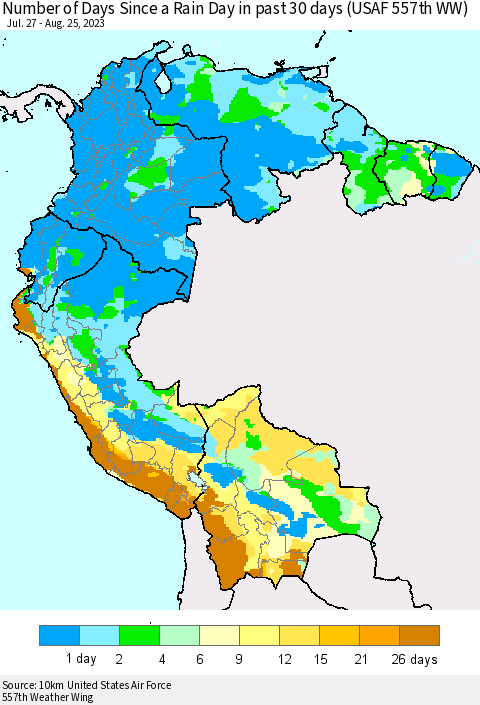 Northern South America Number of Days Since a Rain Day in past 30 days (USAF 557th WW) Thematic Map For 8/21/2023 - 8/25/2023