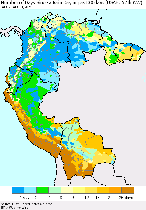 Northern South America Number of Days Since a Rain Day in past 30 days (USAF 557th WW) Thematic Map For 8/26/2023 - 8/31/2023