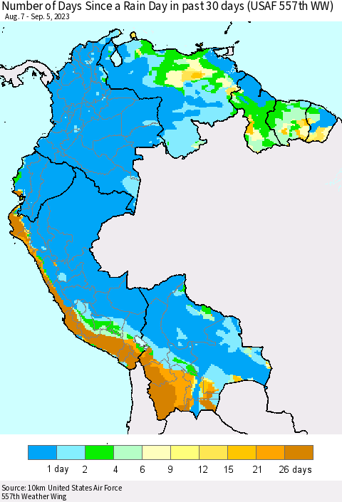 Northern South America Number of Days Since a Rain Day in past 30 days (USAF 557th WW) Thematic Map For 9/1/2023 - 9/5/2023