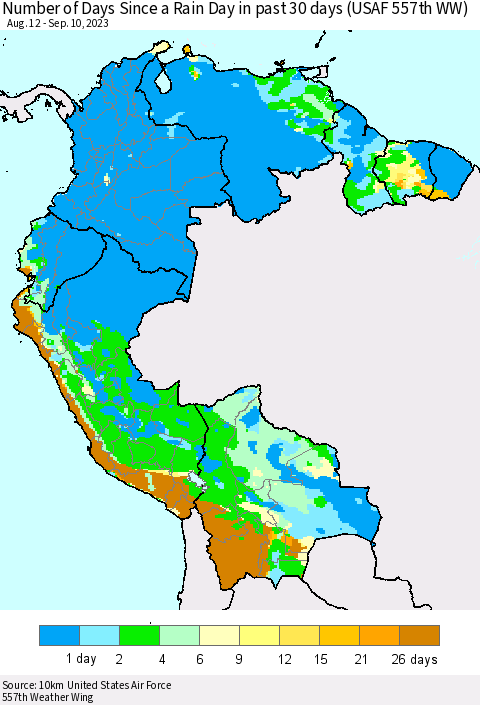 Northern South America Number of Days Since a Rain Day in past 30 days (USAF 557th WW) Thematic Map For 9/6/2023 - 9/10/2023