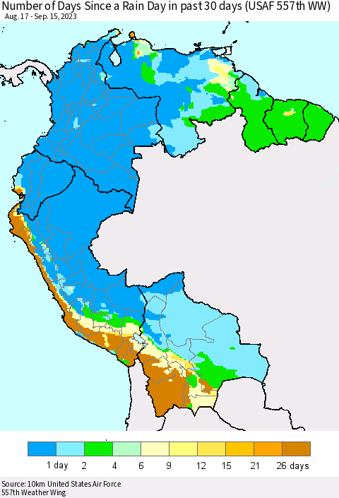 Northern South America Number of Days Since a Rain Day in past 30 days (USAF 557th WW) Thematic Map For 9/11/2023 - 9/15/2023