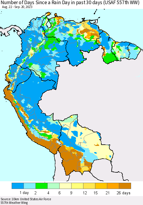 Northern South America Number of Days Since a Rain Day in past 30 days (USAF 557th WW) Thematic Map For 9/16/2023 - 9/20/2023