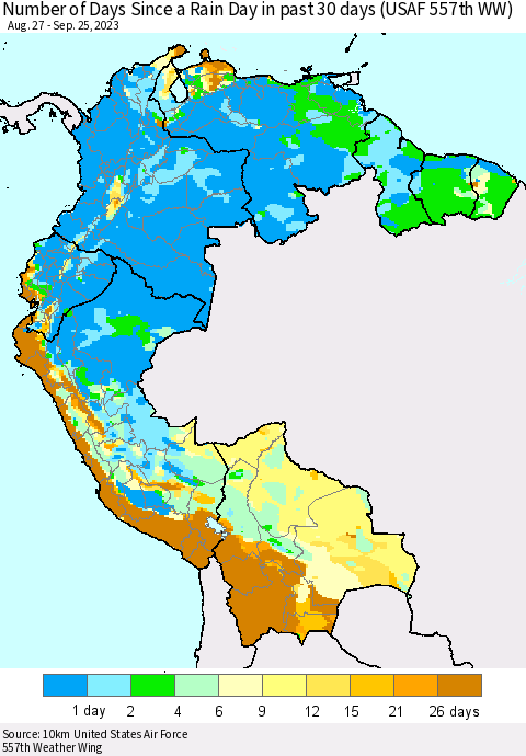 Northern South America Number of Days Since a Rain Day in past 30 days (USAF 557th WW) Thematic Map For 9/21/2023 - 9/25/2023