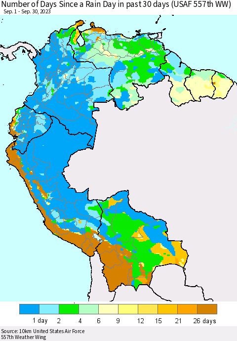 Northern South America Number of Days Since a Rain Day in past 30 days (USAF 557th WW) Thematic Map For 9/26/2023 - 9/30/2023