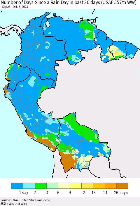 Northern South America Number of Days Since a Rain Day in past 30 days (USAF 557th WW) Thematic Map For 10/1/2023 - 10/5/2023
