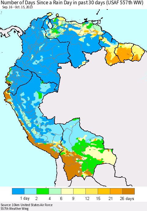 Northern South America Number of Days Since a Rain Day in past 30 days (USAF 557th WW) Thematic Map For 10/11/2023 - 10/15/2023