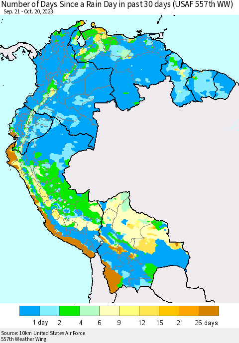 Northern South America Number of Days Since a Rain Day in past 30 days (USAF 557th WW) Thematic Map For 10/16/2023 - 10/20/2023