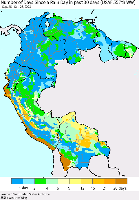 Northern South America Number of Days Since a Rain Day in past 30 days (USAF 557th WW) Thematic Map For 10/21/2023 - 10/25/2023