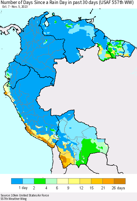 Northern South America Number of Days Since a Rain Day in past 30 days (USAF 557th WW) Thematic Map For 11/1/2023 - 11/5/2023
