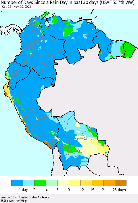 Northern South America Number of Days Since a Rain Day in past 30 days (USAF 557th WW) Thematic Map For 11/6/2023 - 11/10/2023