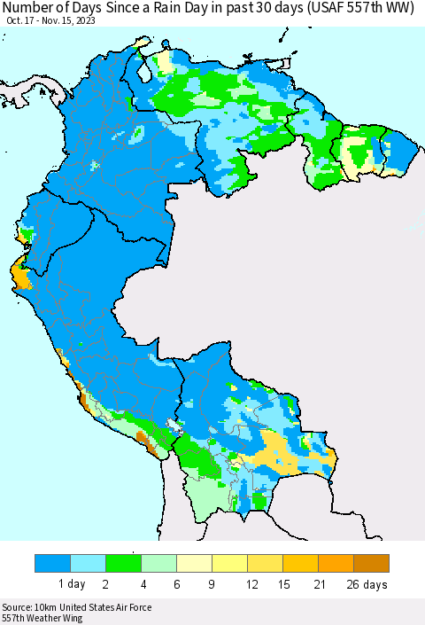 Northern South America Number of Days Since a Rain Day in past 30 days (USAF 557th WW) Thematic Map For 11/11/2023 - 11/15/2023