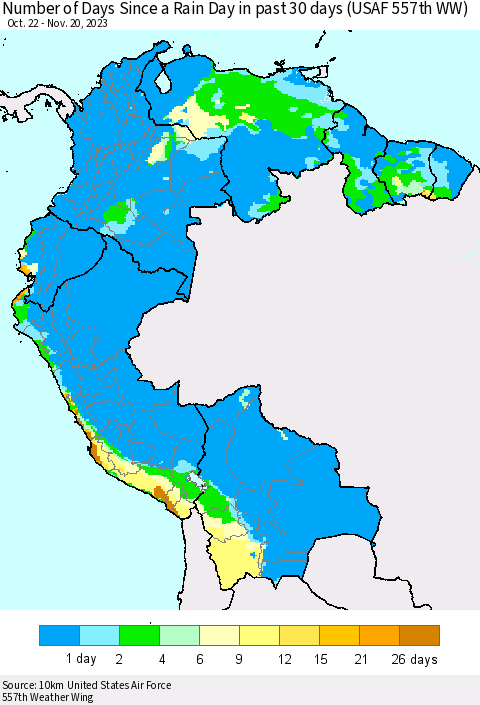 Northern South America Number of Days Since a Rain Day in past 30 days (USAF 557th WW) Thematic Map For 11/16/2023 - 11/20/2023