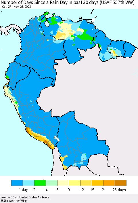 Northern South America Number of Days Since a Rain Day in past 30 days (USAF 557th WW) Thematic Map For 11/21/2023 - 11/25/2023