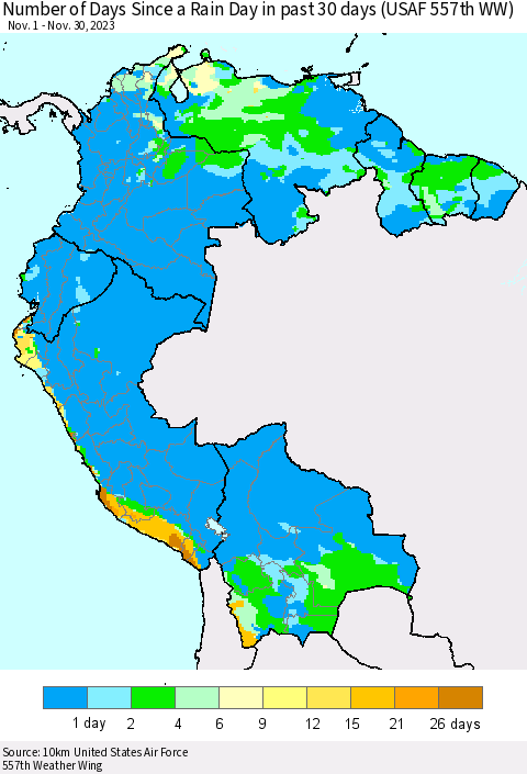Northern South America Number of Days Since a Rain Day in past 30 days (USAF 557th WW) Thematic Map For 11/26/2023 - 11/30/2023