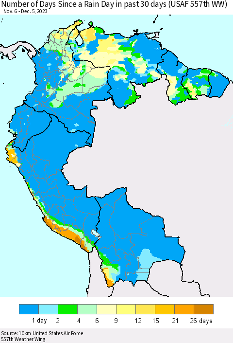 Northern South America Number of Days Since a Rain Day in past 30 days (USAF 557th WW) Thematic Map For 12/1/2023 - 12/5/2023