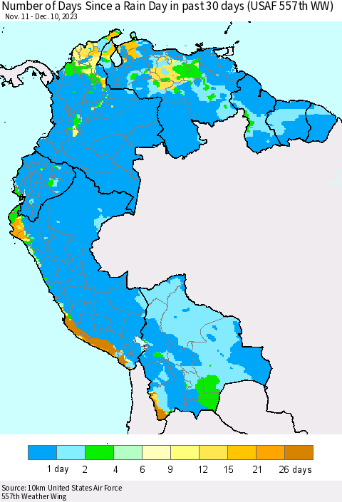 Northern South America Number of Days Since a Rain Day in past 30 days (USAF 557th WW) Thematic Map For 12/6/2023 - 12/10/2023