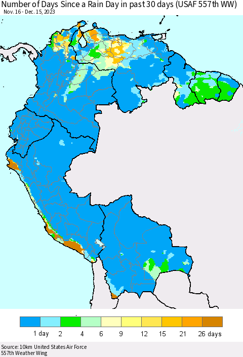 Northern South America Number of Days Since a Rain Day in past 30 days (USAF 557th WW) Thematic Map For 12/11/2023 - 12/15/2023