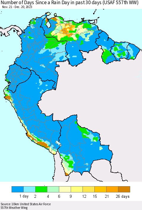 Northern South America Number of Days Since a Rain Day in past 30 days (USAF 557th WW) Thematic Map For 12/16/2023 - 12/20/2023