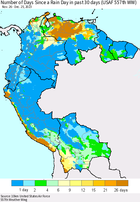 Northern South America Number of Days Since a Rain Day in past 30 days (USAF 557th WW) Thematic Map For 12/21/2023 - 12/25/2023