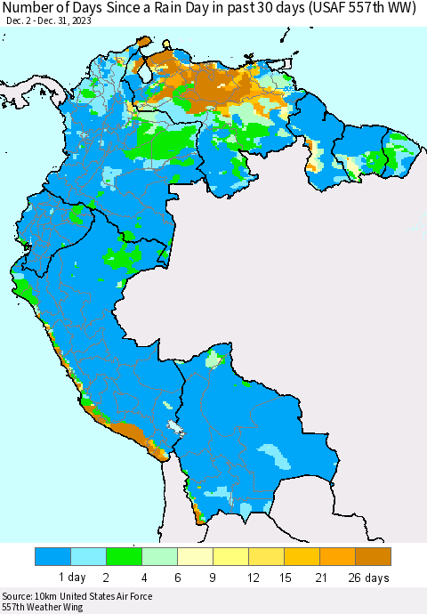 Northern South America Number of Days Since a Rain Day in past 30 days (USAF 557th WW) Thematic Map For 12/26/2023 - 12/31/2023