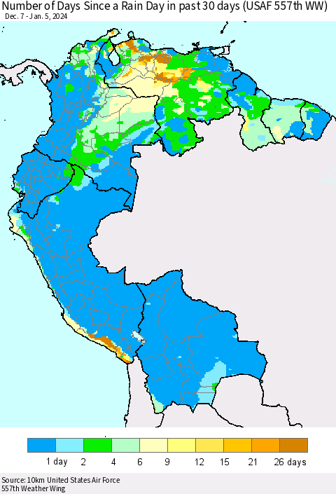Northern South America Number of Days Since a Rain Day in past 30 days (USAF 557th WW) Thematic Map For 1/1/2024 - 1/5/2024