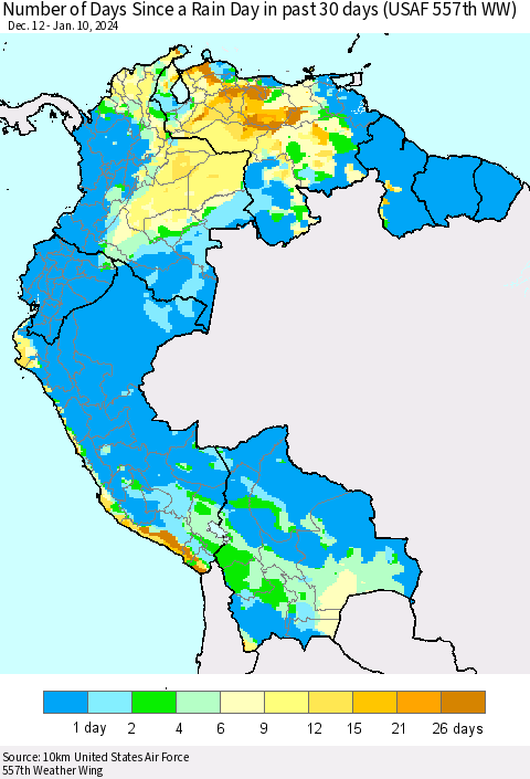Northern South America Number of Days Since a Rain Day in past 30 days (USAF 557th WW) Thematic Map For 1/6/2024 - 1/10/2024