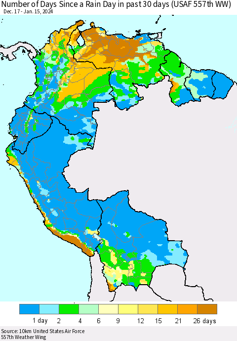 Northern South America Number of Days Since a Rain Day in past 30 days (USAF 557th WW) Thematic Map For 1/11/2024 - 1/15/2024