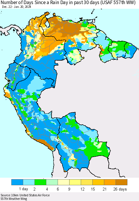 Northern South America Number of Days Since a Rain Day in past 30 days (USAF 557th WW) Thematic Map For 1/16/2024 - 1/20/2024