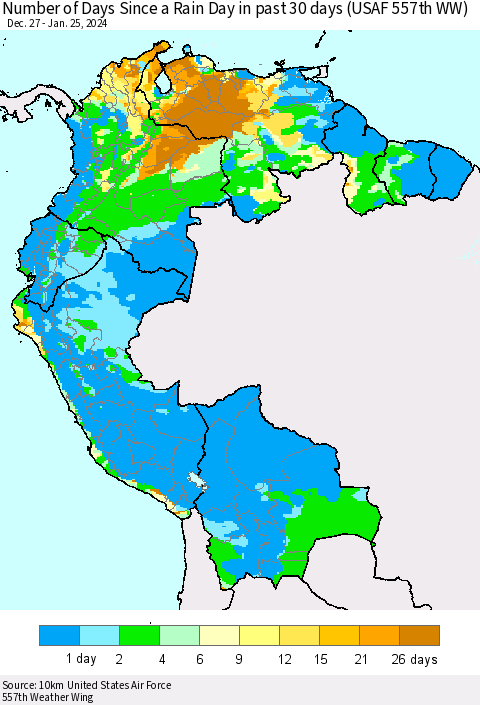Northern South America Number of Days Since a Rain Day in past 30 days (USAF 557th WW) Thematic Map For 1/21/2024 - 1/25/2024