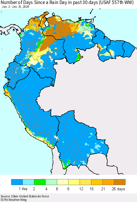 Northern South America Number of Days Since a Rain Day in past 30 days (USAF 557th WW) Thematic Map For 1/26/2024 - 1/31/2024
