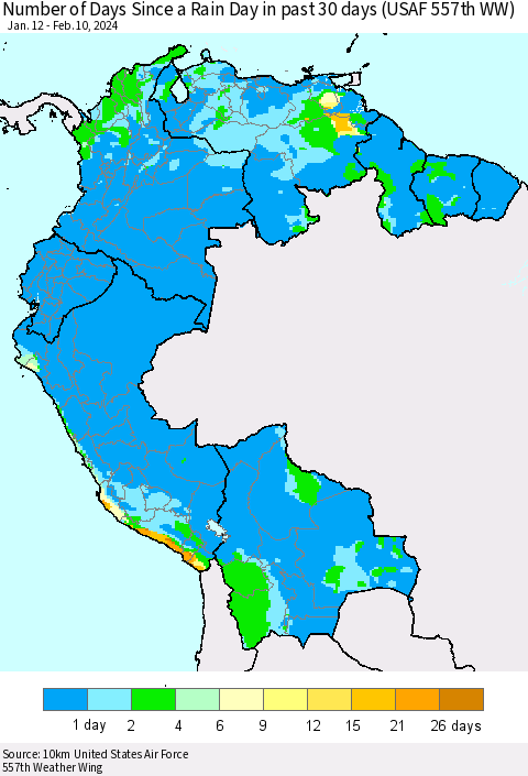 Northern South America Number of Days Since a Rain Day in past 30 days (USAF 557th WW) Thematic Map For 2/6/2024 - 2/10/2024